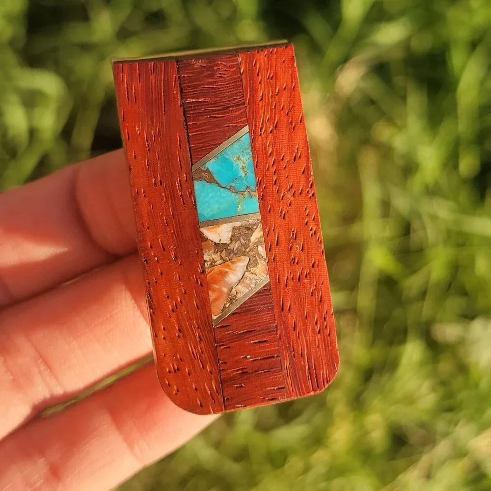 Handmade Southwestern copper turquoise, copper spiny oyster, rosewood money clip